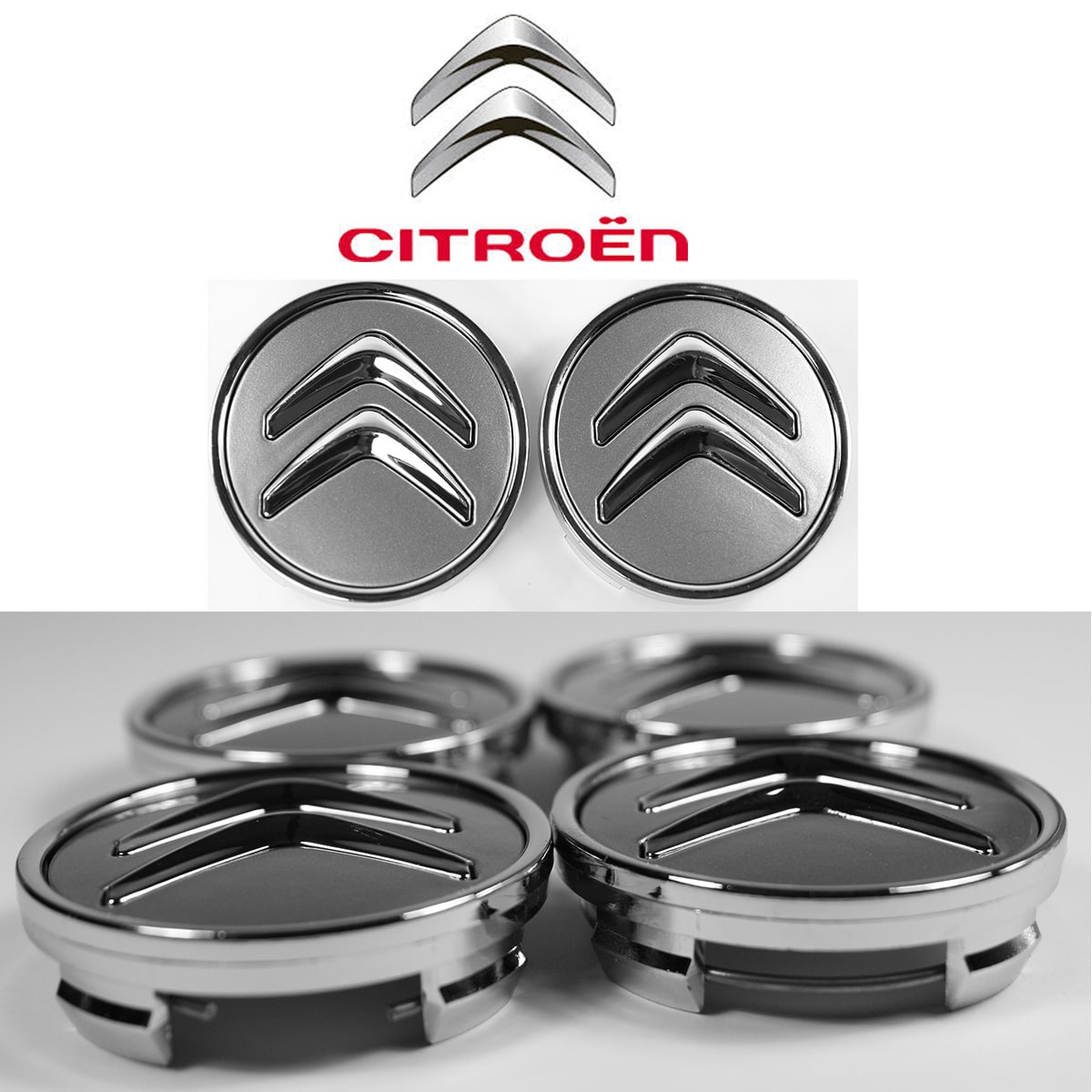 Caches moyeux centre de roue CITROËN 60mm Logo Chrome Fond chrome mat   