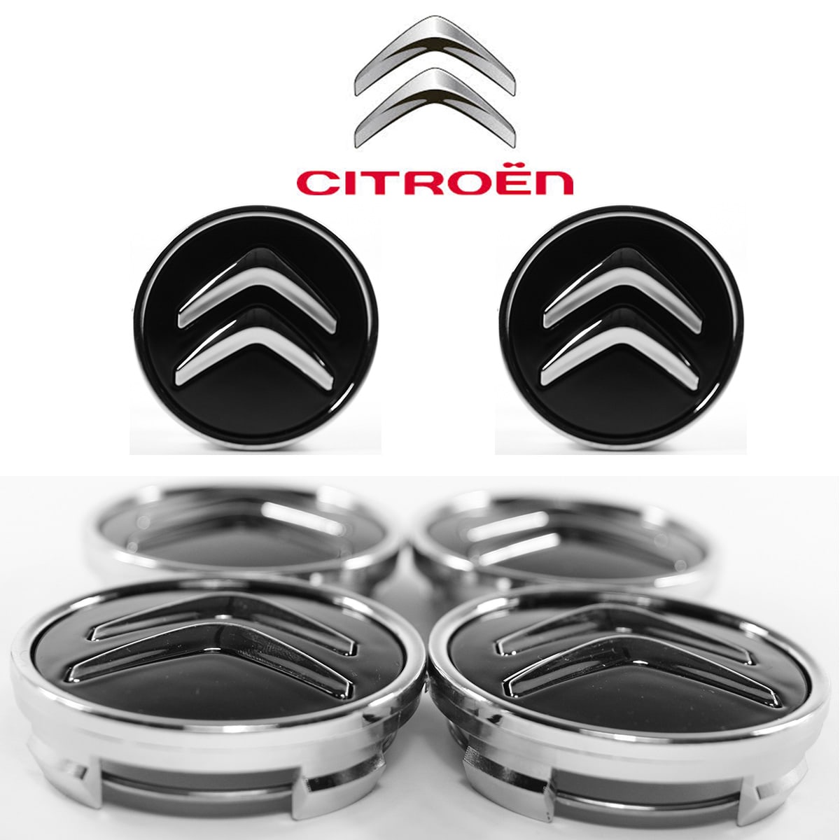 Lot de 4 caches moyeux centre de roue Citroën logo chrome fond noir diamètre 60mm.