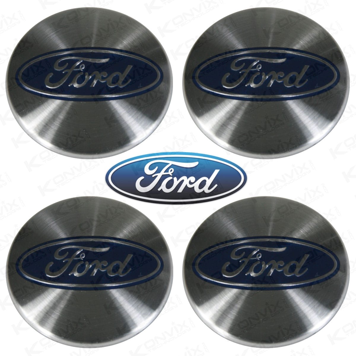 Lot de 4 caches moyeux FORD 54 mm de diamètre logo bleue marine fond chrome