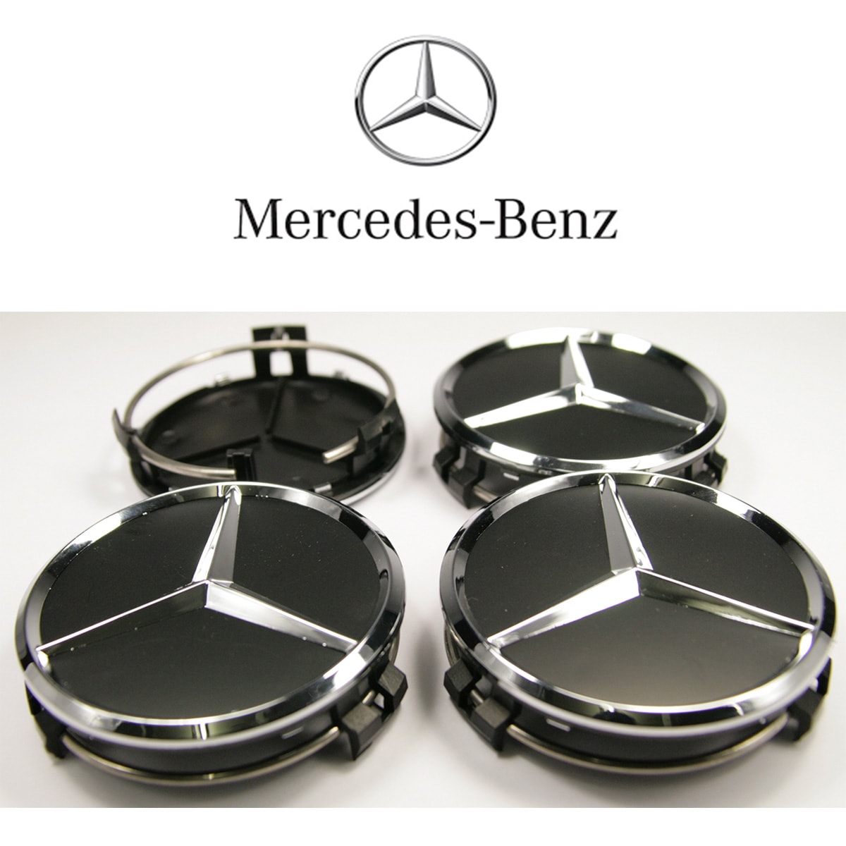 Lot de 4 caches moyeux centre de roues MERCEDES 75mm logo chrome fond noir 