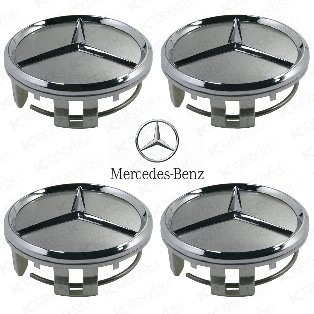 Lot de 4 caches moyeux centre de roues MERCEDES 60 mm logo chrome fond mat