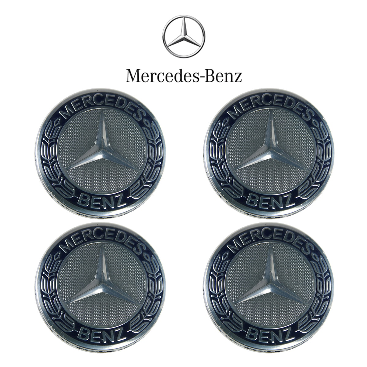 Lot de 4 caches moyeux MERCEDES 75mm/ 70mm logo chrome fond bleu marine 