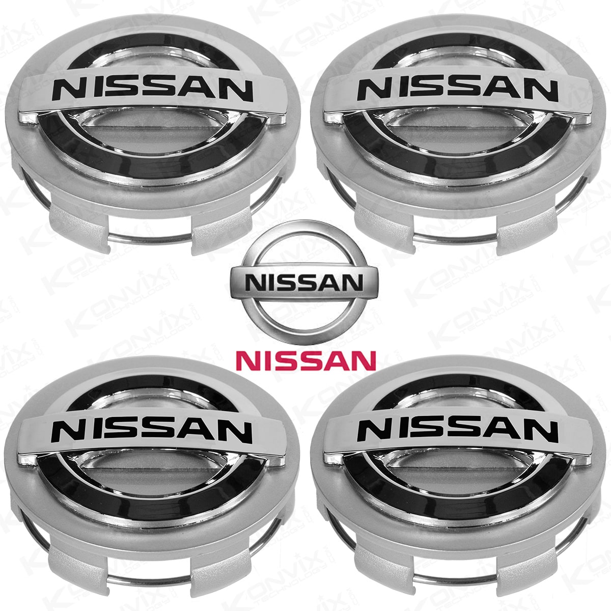 Lot de 4 Caches moyeux NISSAN diamètre 60mm Logo Chrome et noir fond mat