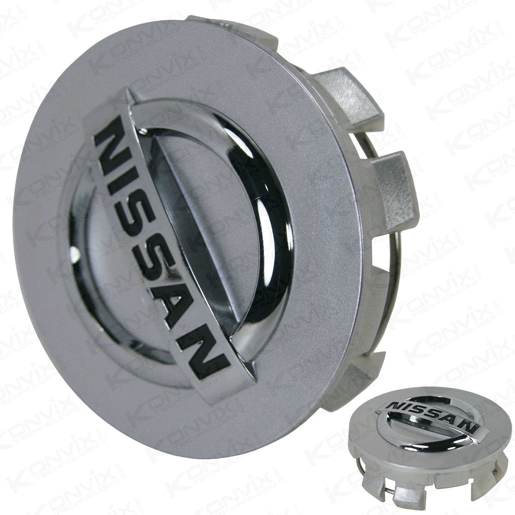 Lot de 4 caches moyeux NISSAN 70 mm logo chrome noir fond mat