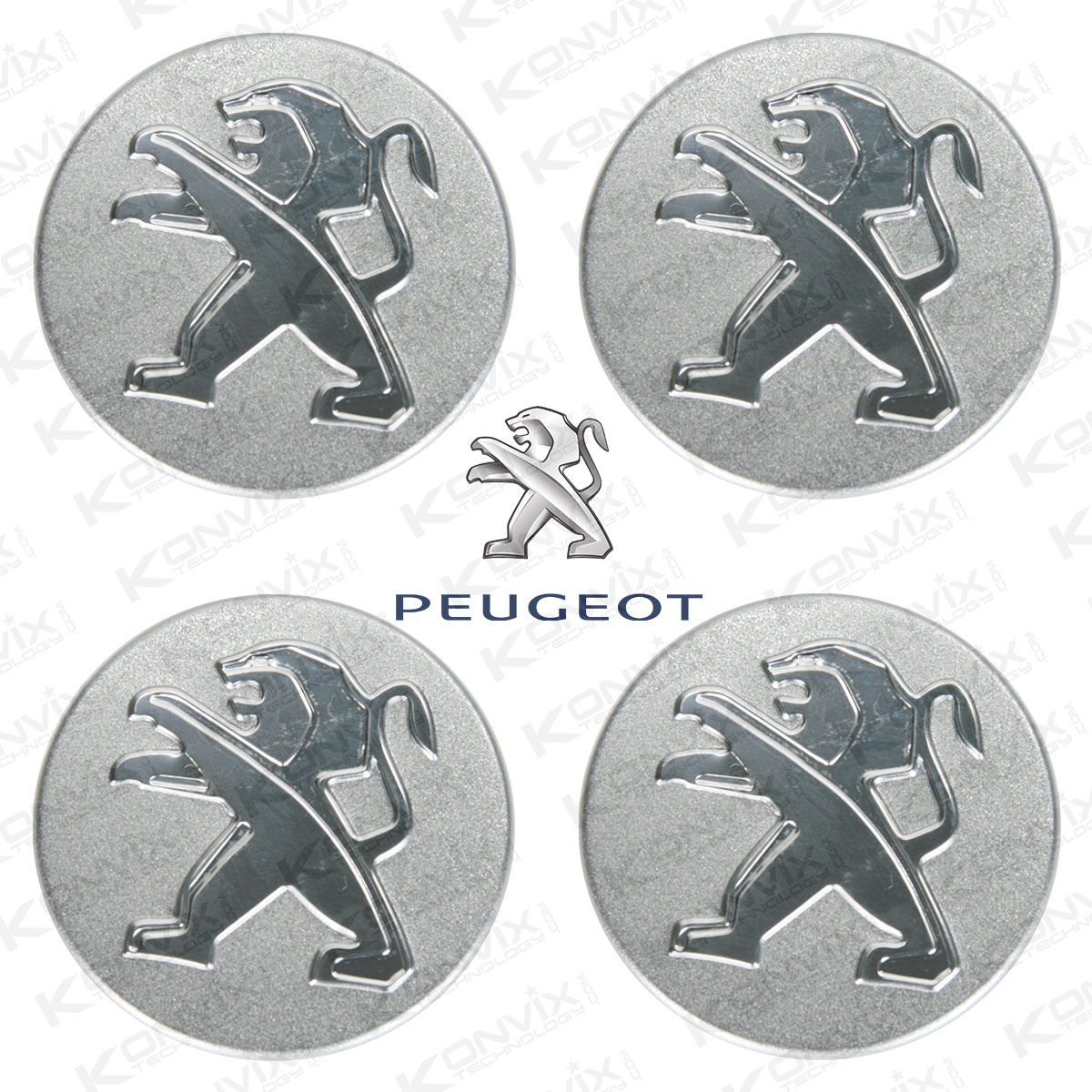 Lot de 4 caches moyeux PEUGEOT 60 mm de diamètre logo Chrome Fond mat