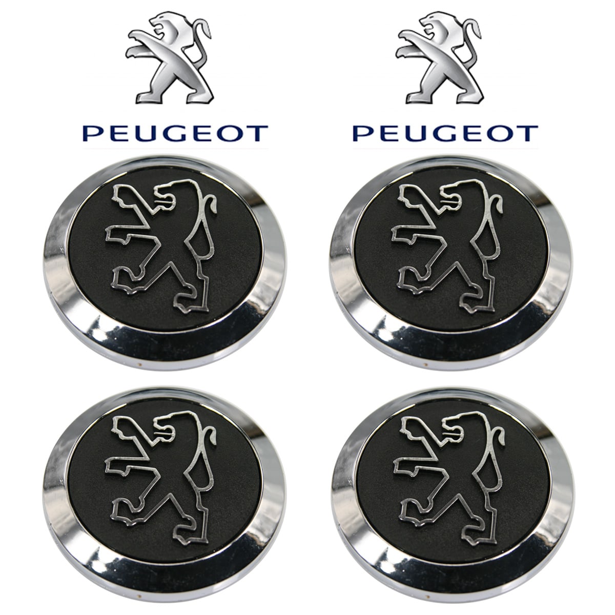 Lot de 4 caches moyeux PEUGEOT 90mm/65mm logo chrome fond noir