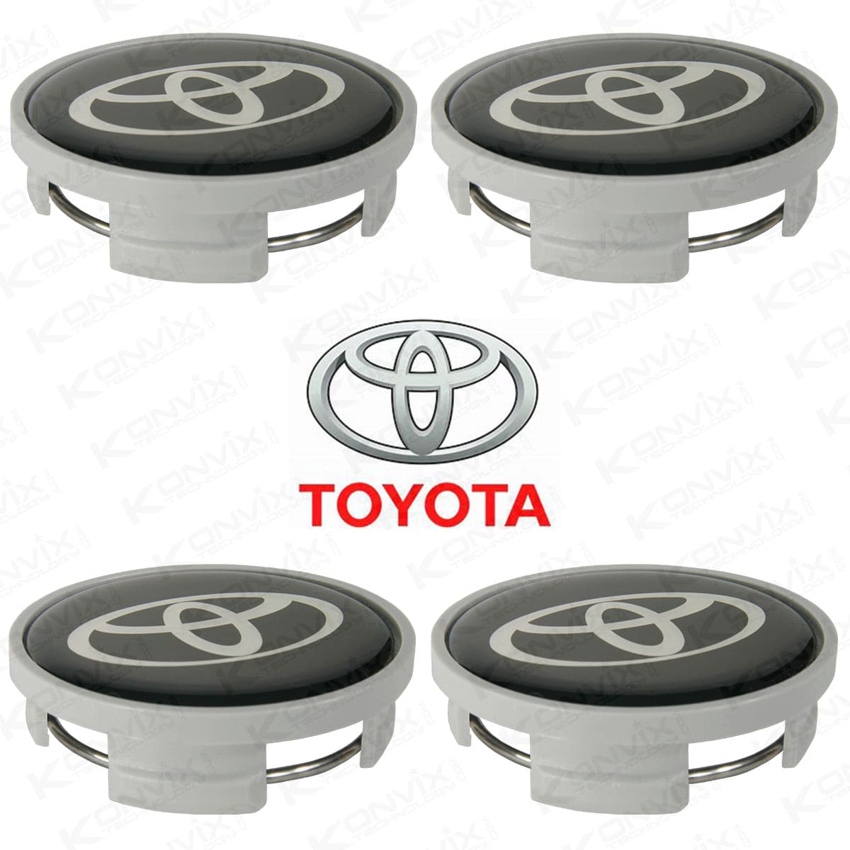 Lot de 4 caches moyeux TOYOTA 57 mm de diamètre logo Chrome fond noir