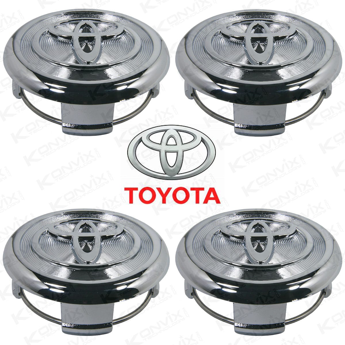 Lot de 4 caches moyeux TOYOTA 62 mm logo Chrome fond Chrome