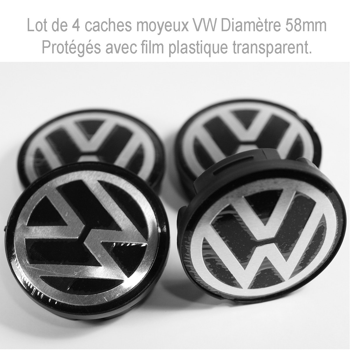 Caches moyeux centre de roue VOLKSWAGEN  58mm Logo chrome fond noir.