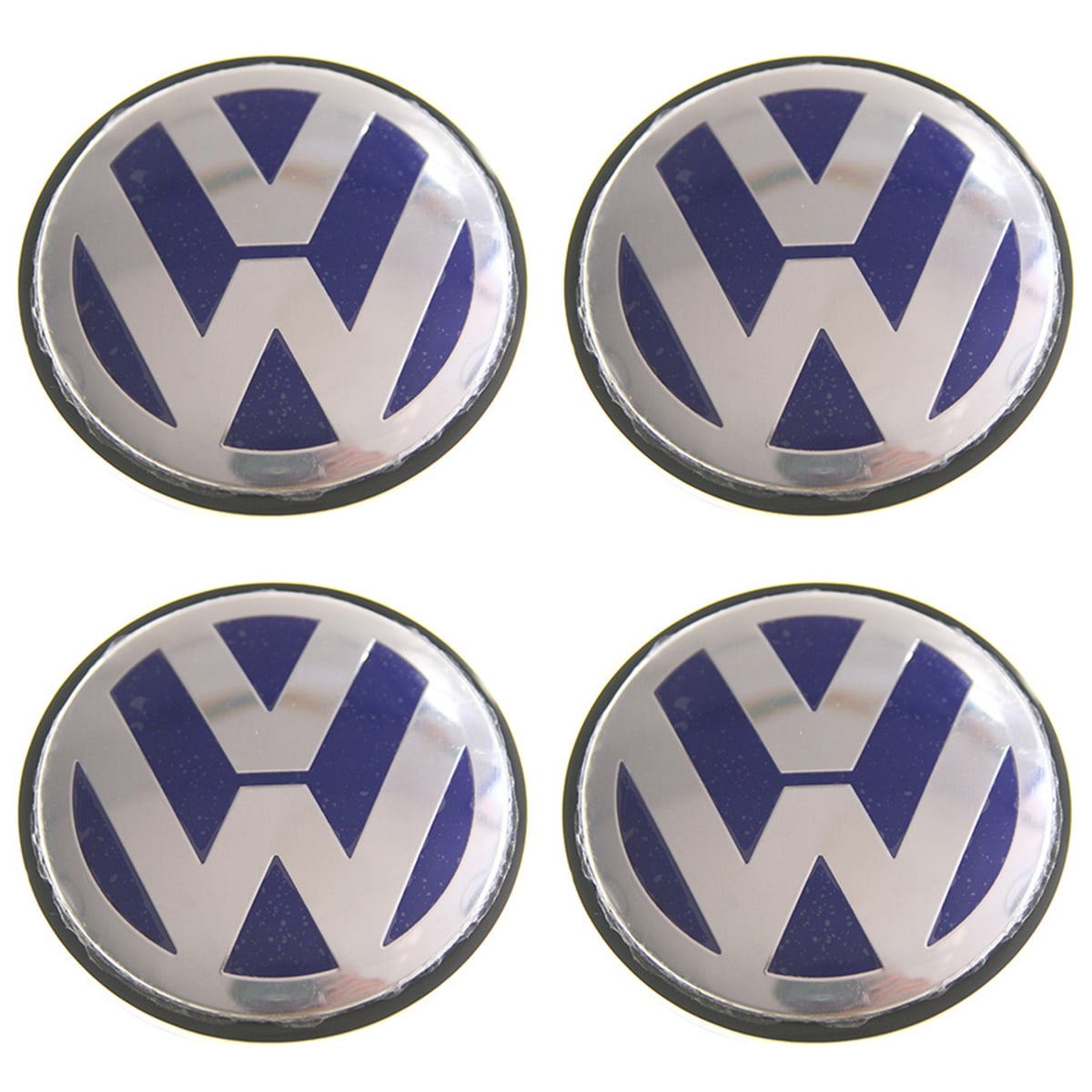 Caches Moyeux centre de roues VW 65mm logo VW chrome fond bleu.