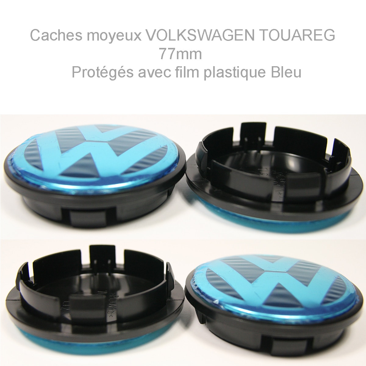 Caches moyeux centre de roue VOLKSWAGEN - TOUAREG  77mm Logo chrome fond noir.