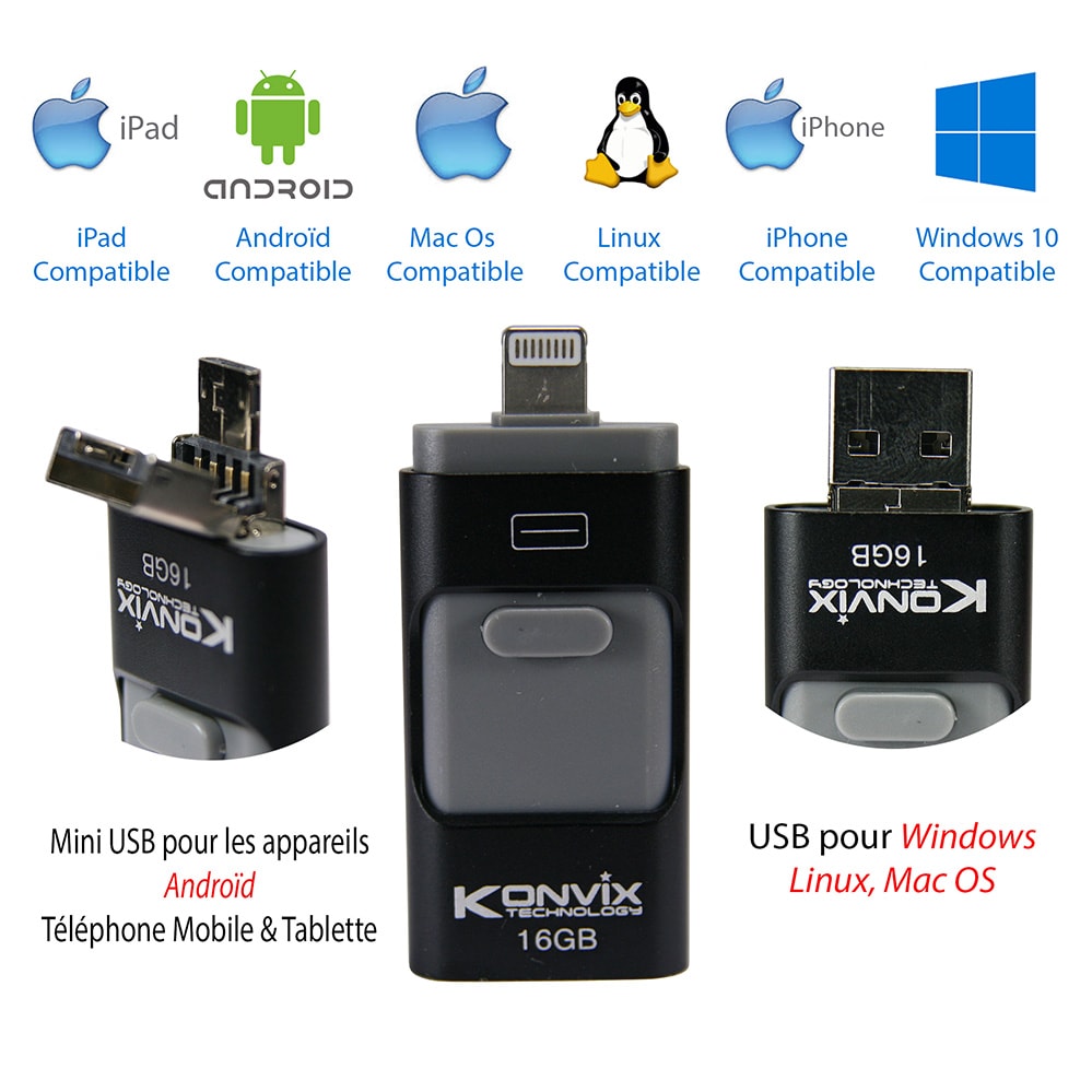 Clé I-USB-Storer 16GB pour iphone, iPad, Mac os, Windows, Linux, Androïd.