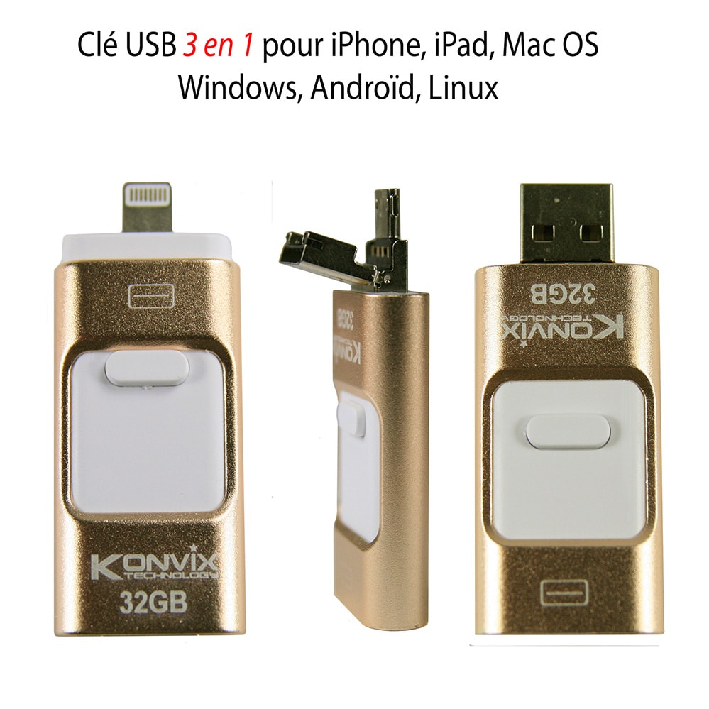 Clé I-USB-Storer 32GB pour iphone, iPad, Mac os, Windows, Linux, et tous les appareils Androïd.