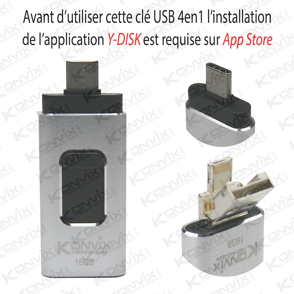 Clé USB 4en1 16GB iPhone, Type C, USB, Micro USB 
Pour iOS/Linux/Androïd/Pc&Mac
