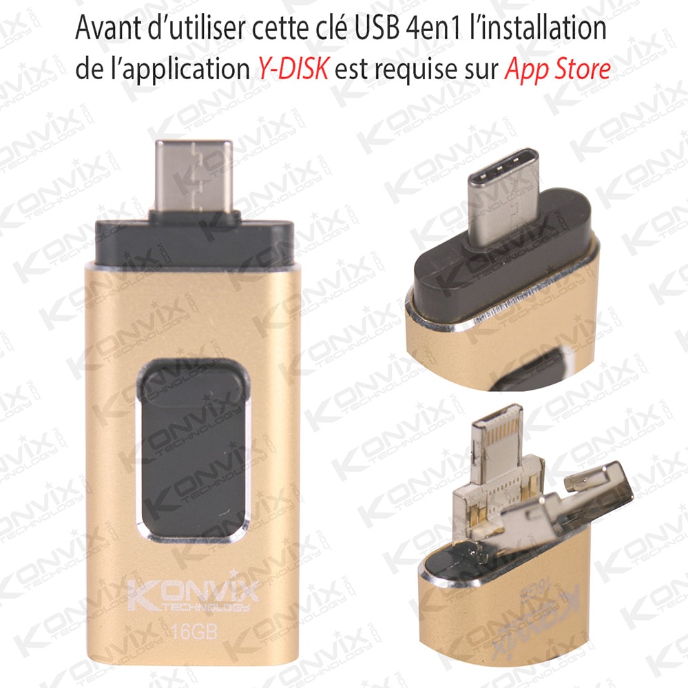 Clé USB 4en1 16GB couleur OR, iPhone, Type C, USB, Micro USB 
Pour iOS/Androïd/Pc&Mac
