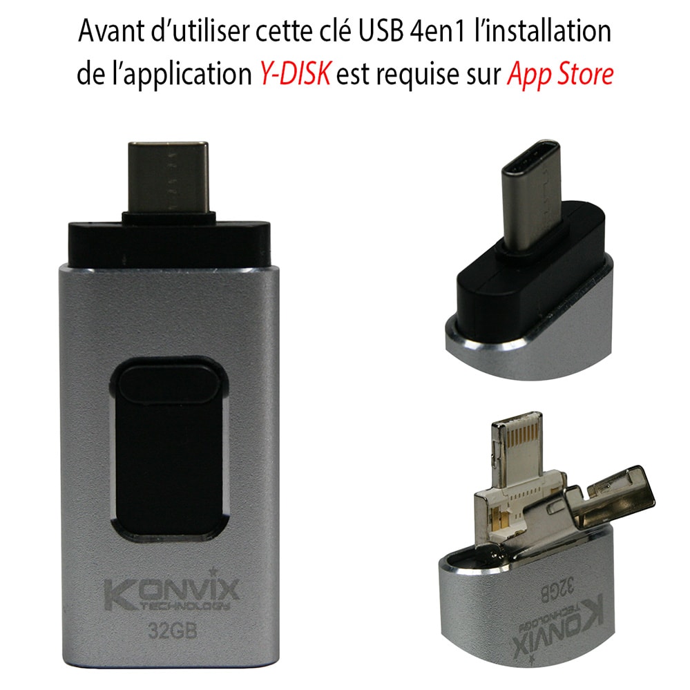 Clé USB 4en1 32GB iPhone, Type C, USB, Micro USB 
Pour iOS/Linux/Androïd/Pc&Mac

