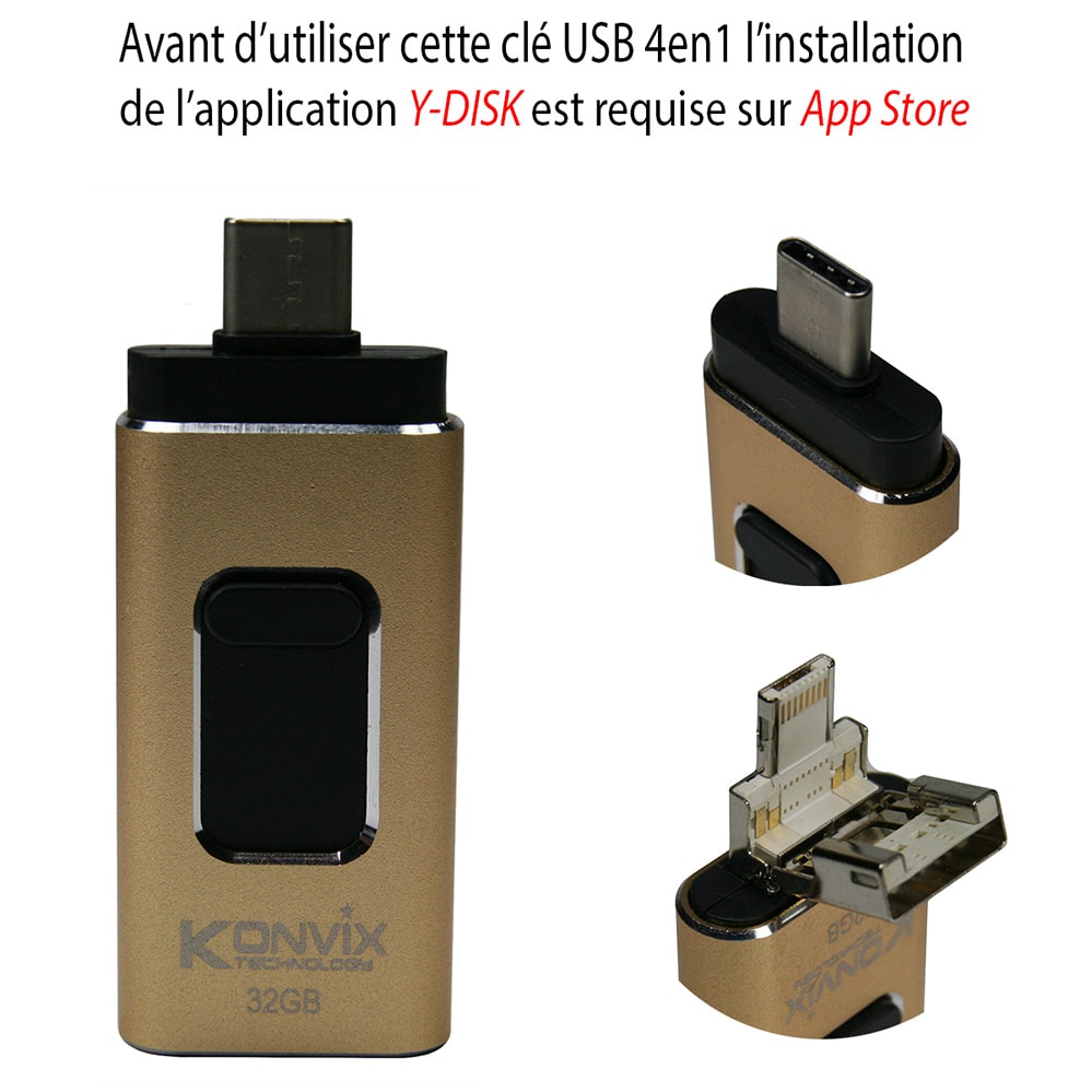 Clé USB 4en1 32GB  couleur OR, iPhone, Type C, USB, Micro USB 
Pour iOS/Androïd/Pc&Mac
