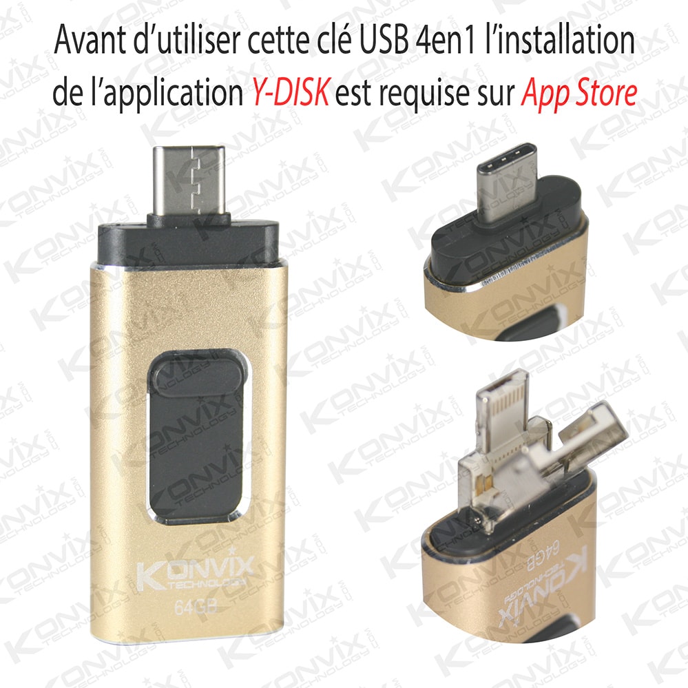 Clé USB 4en1 64GB couleur OR, iPhone, Type C, USB, Micro USB 
Pour iOS/Androïd/Pc&Mac
