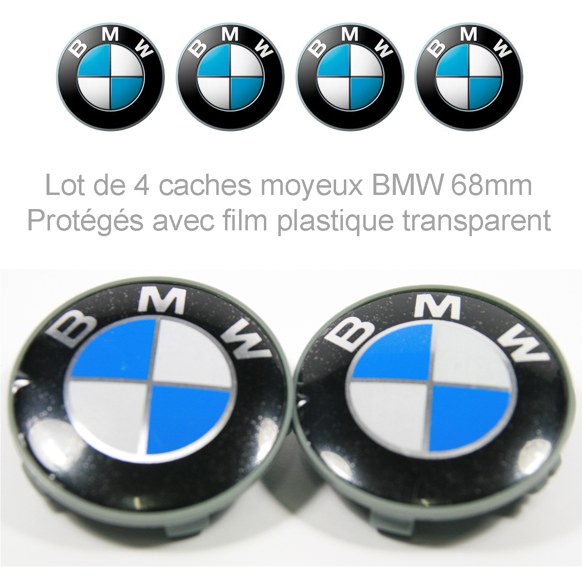 Caches moyeux centre de roues BMW 68mm logo BMW chrome fond noir.