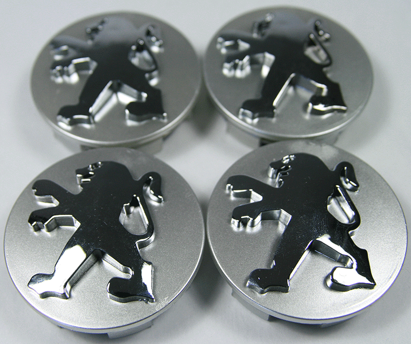 Caches moyeux centre de roues PEUGEOT 60mm logo chrome fond mat.