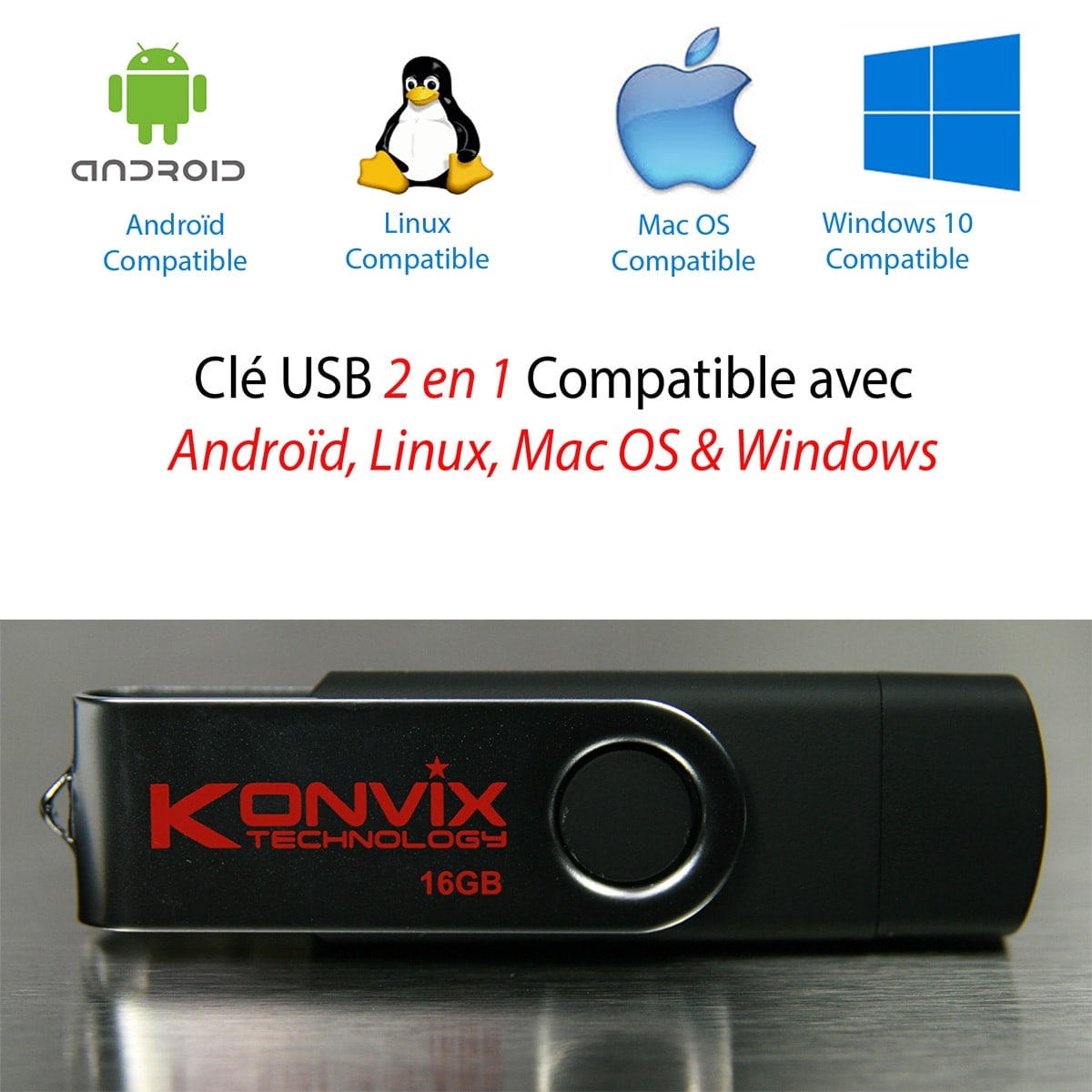 Clé USB 2 en 1 Konvix 16 Go noire