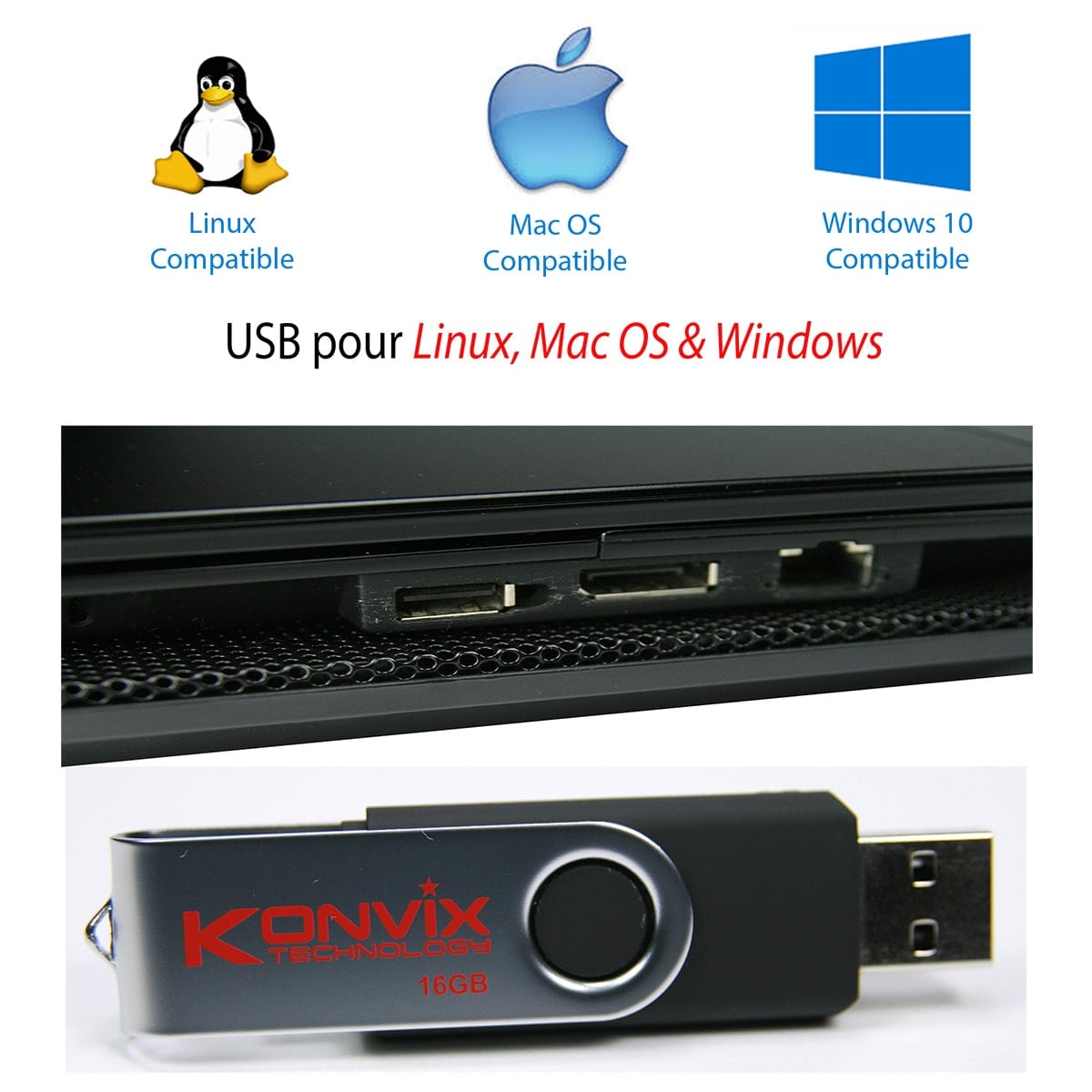 Clé USB 2 en 1 Konvix 16 Go noire