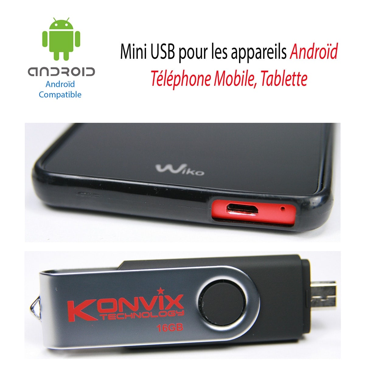 Clé USB 2 en 1 Konvix 16 Go noire