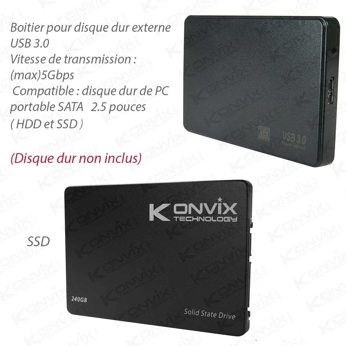 Boitier extérieur USB III pour SSD, Disque dur SATA 2.5 vide